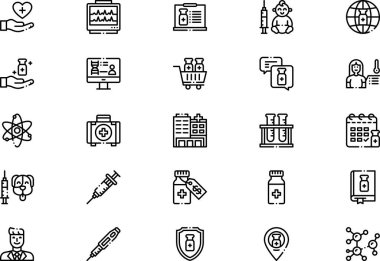 Aşı geliştirme simgeleri koleksiyonu düzenlenebilir felçli bir vektör illüstrasyonudur.