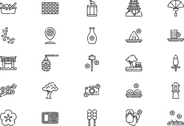 Sakura festival simgeleri koleksiyonu, düzenlenebilir felçli bir vektör illüstrasyonudur.