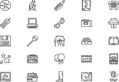 Eighties icons collection is a vector illustration with editable stroke. clipart