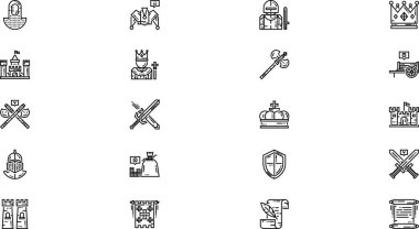Düzenlenebilir Vuruşlu Ortaçağ ikonları Yüksek Kalite Vektör Simgeleri Koleksiyonu. Profesyonel ve Yaratıcı Projeler için ideal.