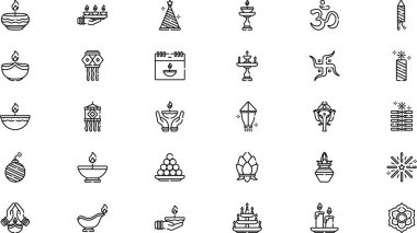 Diwali simgeleri Yüksek Kaliteli Vektör Simgeleri Koleksiyonu Düzenlenebilir Vuruşlu. Profesyonel ve Yaratıcı Projeler için ideal.