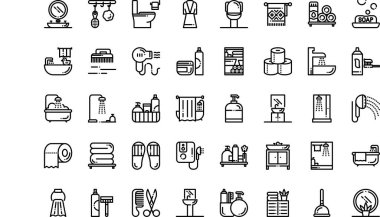 Banyo malzemeleri Yüksek Kaliteli Vektör Simgeleri Koleksiyonu Düzenlenebilir Vuruşlu. Profesyonel ve Yaratıcı Projeler için ideal.