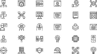 Yazılım geliştirme simgeleri Düzenlenebilir Vuruşlu Yüksek Kalite Vektör Simgeleri Koleksiyonu. Profesyonel ve Yaratıcı Projeler için ideal.