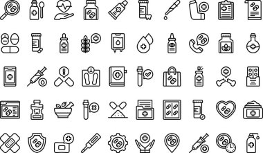İlaç simgeleri koleksiyonu düzenlenebilir felçli bir vektör illüstrasyonudur.