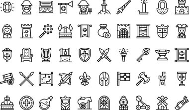 Ortaçağ Simgeleri koleksiyonu, düzenlenebilir felçli bir vektör illüstrasyonudur.