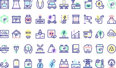 Yenilenebilir enerji simgeleri koleksiyonu düzenlenebilir felçli bir vektör illüstrasyonudur.