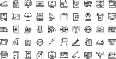 Simgeler yazdırılıyor. Düzenlenebilir Vuruşlu Yüksek Kaliteli Vektör Simgeleri Koleksiyonu. Profesyonel ve Yaratıcı Projeler için ideal.