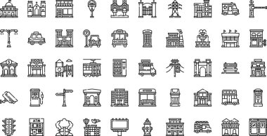 Şehir ögeleri Yüksek Kaliteli Vektör Simgeleri Koleksiyonu Düzenlenebilir Vuruşla simgeleri. Profesyonel ve Yaratıcı Projeler için ideal.