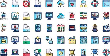 Düzenlenebilir Vuruş ile Yüksek Kalite Vektör Simgeleri Koleksiyonu programlama simgeleri. Profesyonel ve Yaratıcı Projeler için ideal.