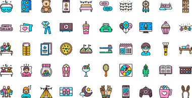 Pijama partisi ikonları... Düzenlenebilir Vuruşlu Yüksek Kaliteli Vektör Simgeleri Koleksiyonu. Profesyonel ve Yaratıcı Projeler için ideal.