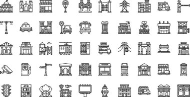 Şehir ögeleri Yüksek Kaliteli Vektör Simgeleri Koleksiyonu Düzenlenebilir Vuruşla simgeleri. Profesyonel ve Yaratıcı Projeler için ideal.