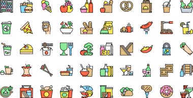 Yiyecek ve içecek ikonları... Düzenlenebilir Vuruşlu Yüksek Kaliteli Vektör Simgeleri Koleksiyonu. Profesyonel ve Yaratıcı Projeler için ideal.