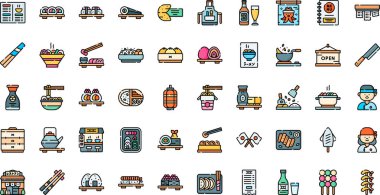 Japon restoran ikonları.. Düzenlenebilir Vuruşlu Yüksek Kaliteli Vektör Simgeleri Koleksiyonu. Profesyonel ve Yaratıcı Projeler için ideal.