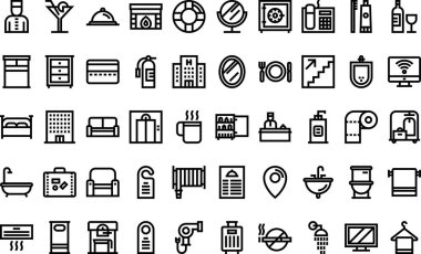 Otel simgeleri: Düzenlenebilir Vuruşlu Yüksek Kalite Vektör Simgeleri Koleksiyonu. Profesyonel ve Yaratıcı Projeler için ideal.