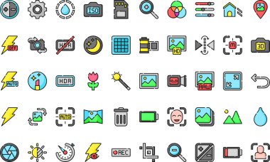 Düzenlenebilir Vuruş ile Kamera Arayüzü Yüksek Kaliteli Vektör Simgeleri Koleksiyonu. Profesyonel ve Yaratıcı Projeler için ideal.