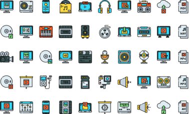 Düzenlenebilir Vuruşlu Ses ve Görüntü Yüksek Kaliteli Vektör Simgeleri Koleksiyonu. Profesyonel ve Yaratıcı Projeler için ideal.