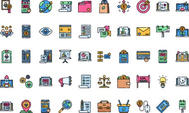 Düzenlenebilir Vuruşla Yüksek Kaliteli Pazarlama Vektör Simgeleri Koleksiyonu. Profesyonel ve Yaratıcı Projeler için ideal.