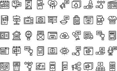 Reklam simgeleri Düzenlenebilir Vuruşlu Yüksek Kaliteli Vektör Simgeleri Koleksiyonu. Profesyonel ve Yaratıcı Projeler için ideal.