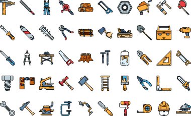Marangoz araçları ve ögeler, Düzenlenebilir Vuruşla Yüksek Kaliteli Vektör Simgeleri Koleksiyonu. Profesyonel ve Yaratıcı Projeler için ideal.