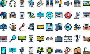 Medya teknolojisi Yüksek Kaliteli Vektör Simgeleri Koleksiyonunu Düzenlenebilir Vuruşla simgeler. Profesyonel ve Yaratıcı Projeler için ideal.