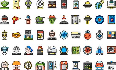 Düzenlenebilir Vuruşlu Yüksek Kaliteli Vektör Simgeleri Koleksiyonu bilim kurgu simgeleri. Profesyonel ve Yaratıcı Projeler için ideal.