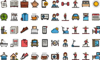 Düzenlenebilir Vuruşlu Yüksek Kaliteli Vektör Simgeleri Koleksiyonu sabah rutin simgeleri. Profesyonel ve Yaratıcı Projeler için ideal.