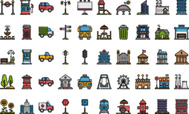 Şehir ögeleri Yüksek Kaliteli Vektör Simgeleri Koleksiyonu Düzenlenebilir Vuruşla simgeleri. Profesyonel ve Yaratıcı Projeler için ideal.
