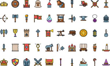 Düzenlenebilir Vuruşlu Ortaçağ ikonları Yüksek Kalite Vektör Simgeleri Koleksiyonu. Profesyonel ve Yaratıcı Projeler için ideal.