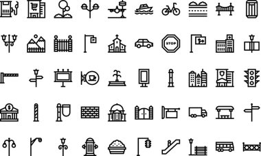 Şehir ögeleri Yüksek Kaliteli Vektör Simgeleri Koleksiyonu Düzenlenebilir Vuruşla simgeleri. Profesyonel ve Yaratıcı Projeler için ideal.