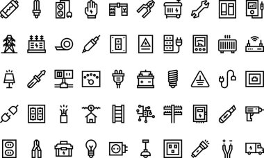 Elektrikçi araçları ve ögeler Yüksek Kaliteli Vektör Simgeleri Koleksiyonu Düzenlenebilir Vuruşla. Profesyonel ve Yaratıcı Projeler için ideal.