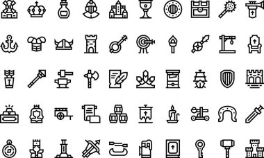 Ortaçağ öğeleri Yüksek Kaliteli Vektör Simgeleri Koleksiyonu Düzenlenebilir Vuruşlu. Profesyonel ve Yaratıcı Projeler için ideal.