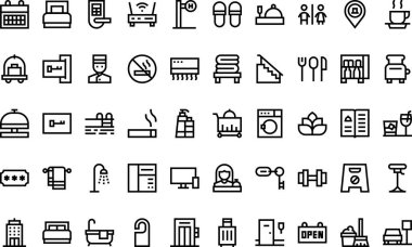 Otel simgeleri: Düzenlenebilir Vuruşlu Yüksek Kalite Vektör Simgeleri Koleksiyonu. Profesyonel ve Yaratıcı Projeler için ideal