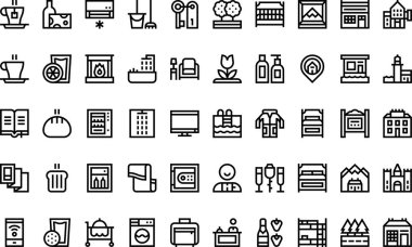 Düzenlenebilir Vuruşla Yatak ve Kahvaltı Yüksek Kalite Vektör Simgeleri Koleksiyonu. Profesyonel ve Yaratıcı Projeler için ideal.