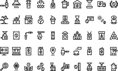 Düzenlenebilir Vuruşlu Yüksek Kaliteli Vektör Simgeleri Koleksiyonu kahve üretim ikonları. Profesyonel ve Yaratıcı Projeler için ideal.