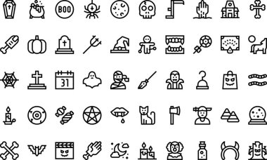 Cadılar Bayramı ikonları Yüksek Kaliteli Vektör Simgeleri Koleksiyonu Düzenlenebilir Vuruşlu. Profesyonel ve Yaratıcı Projeler için ideal