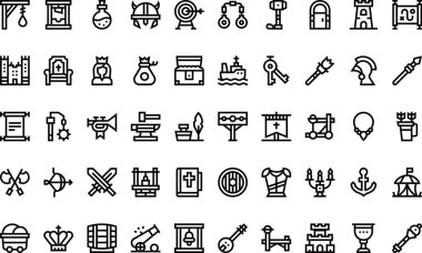 Düzenlenebilir Vuruşlu Ortaçağ ikonları Yüksek Kalite Vektör Simgeleri Koleksiyonu. Profesyonel ve Yaratıcı Projeler için ideal