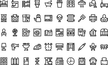 Ev eşyaları Yüksek Kaliteli Vektör Simgeleri Koleksiyonu ve Düzenlenebilir Vuruş simgeleri. Profesyonel ve Yaratıcı Projeler için ideal.