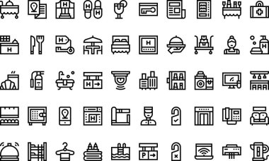 Otel simgeleri: Düzenlenebilir Vuruşlu Yüksek Kalite Vektör Simgeleri Koleksiyonu. Profesyonel ve Yaratıcı Projeler için ideal.