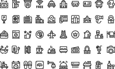 Konaklama simgeleri Düzenlenebilir Vuruş ile Yüksek Kaliteli Vektör Simgeleri Koleksiyonu. Profesyonel ve Yaratıcı Projeler için ideal.