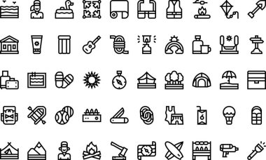 Yaz kampı simgeleri Yüksek Kalite Vektör Simgeleri Düzenlenebilir Vuruşlar Koleksiyonu. Profesyonel ve Yaratıcı Projeler için ideal.