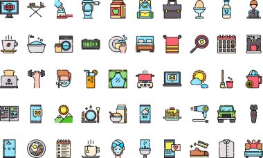 Düzenlenebilir Vuruşlu Yüksek Kaliteli Vektör Simgeleri Koleksiyonu sabah rutin simgeleri. Profesyonel ve Yaratıcı Projeler için ideal.