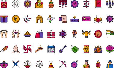 Diwali simgeleri Yüksek Kaliteli Vektör Simgeleri Koleksiyonu Düzenlenebilir Vuruşlu. Profesyonel ve Yaratıcı Projeler için ideal.