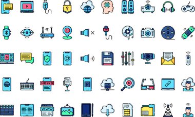 Medya teknolojisi Yüksek Kaliteli Vektör Simgeleri Koleksiyonunu Düzenlenebilir Vuruşla simgeler. Profesyonel ve Yaratıcı Projeler için ideal.