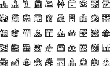 Şehir Binaları Düzenlenebilir Vuruşlu Yüksek Kaliteli Vektör Simgeleri Koleksiyonu simgeleri. Profesyonel ve Yaratıcı Projeler için ideal