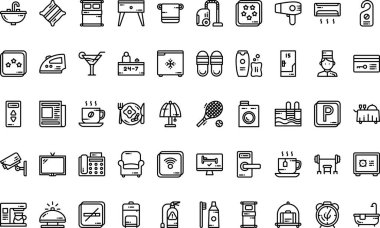 Otel hizmetleri, Düzenlenebilir Vuruşlu Yüksek Kaliteli Vektör Simgeleri Koleksiyonunu simgeler. Profesyonel ve Yaratıcı Projeler için ideal