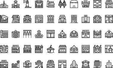 Şehir Binaları Düzenlenebilir Vuruşlu Yüksek Kaliteli Vektör Simgeleri Koleksiyonu simgeleri. Profesyonel ve Yaratıcı Projeler için ideal