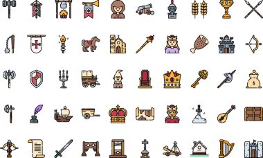 Düzenlenebilir Vuruşlu Ortaçağ ikonları Yüksek Kalite Vektör Simgeleri Koleksiyonu. Profesyonel ve Yaratıcı Projeler için ideal.