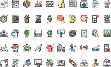 Düzenlenebilir Vuruşlu Yüksek Kaliteli Vektör Simgeleri Koleksiyonunda boş zaman etkinlikleri. Profesyonel ve Yaratıcı Projeler için ideal.