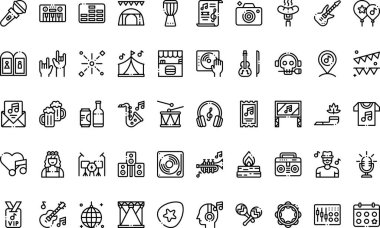 Müzik festivali Yüksek Kalite Vektör Simgeleri Koleksiyonunu Düzenlenebilir Vuruşlarla simgeliyor. Profesyonel ve Yaratıcı Projeler için ideal