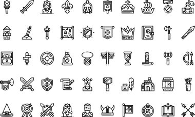 Düzenlenebilir Vuruşlu Ortaçağ ikonları Yüksek Kalite Vektör Simgeleri Koleksiyonu. Profesyonel ve Yaratıcı Projeler için ideal